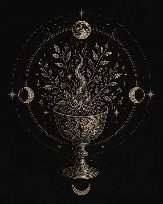 Calice rituel d’où s’élève une flamme végétale sous les cycles lunaires