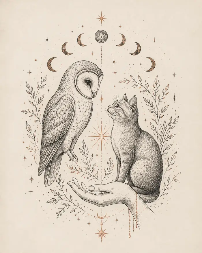 Chouette et chat réunis au-dessus d’une main ouverte, carte du soin Communication animale