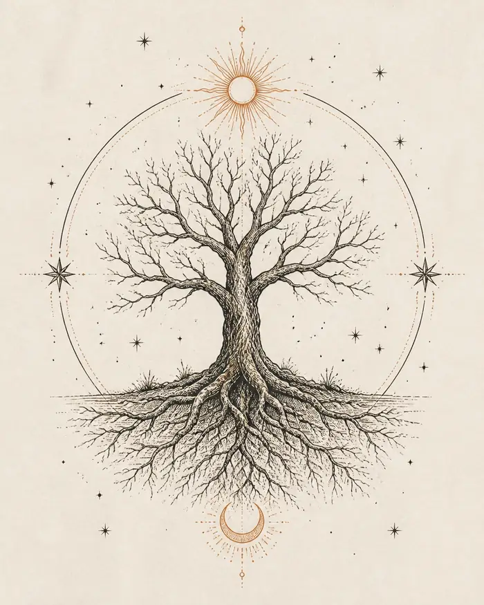 Arbre sacré aux racines profondes sous le soleil et la lune, carte du soin L’Équinox