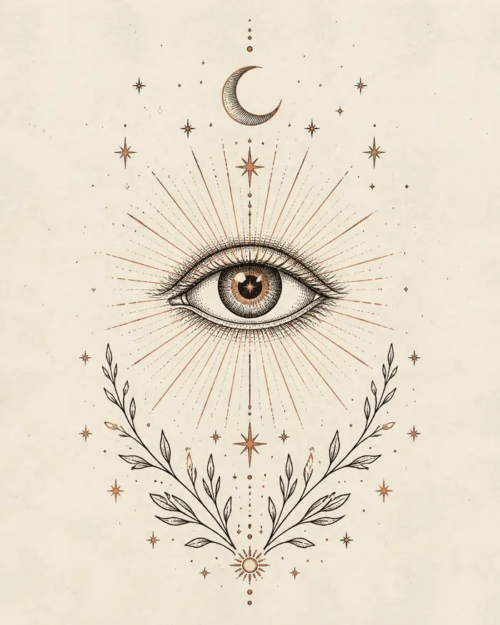 Œil mystique rayonnant entouré d’astres et de feuillages, carte de la guidance L’Oracle