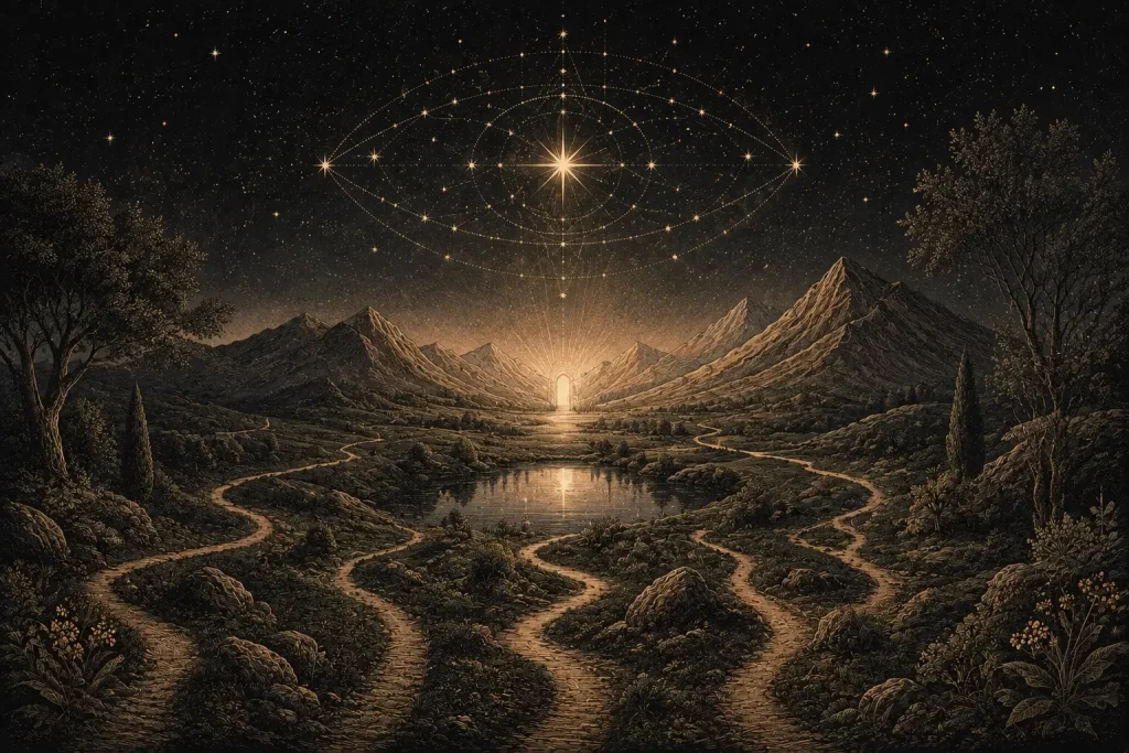 Panorama gravé de plusieurs chemins s'ouvrant sous un ciel d'astres, guidés par un œil mystique