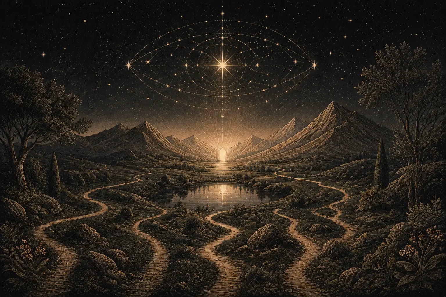 Chemins multiples convergeant vers un passage lumineux sous une constellation qui évoque la vision
