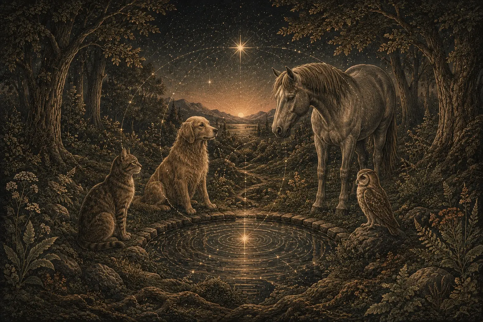 Chat, chien, cheval et chouette réunis autour d’une source sous un ciel étoilé