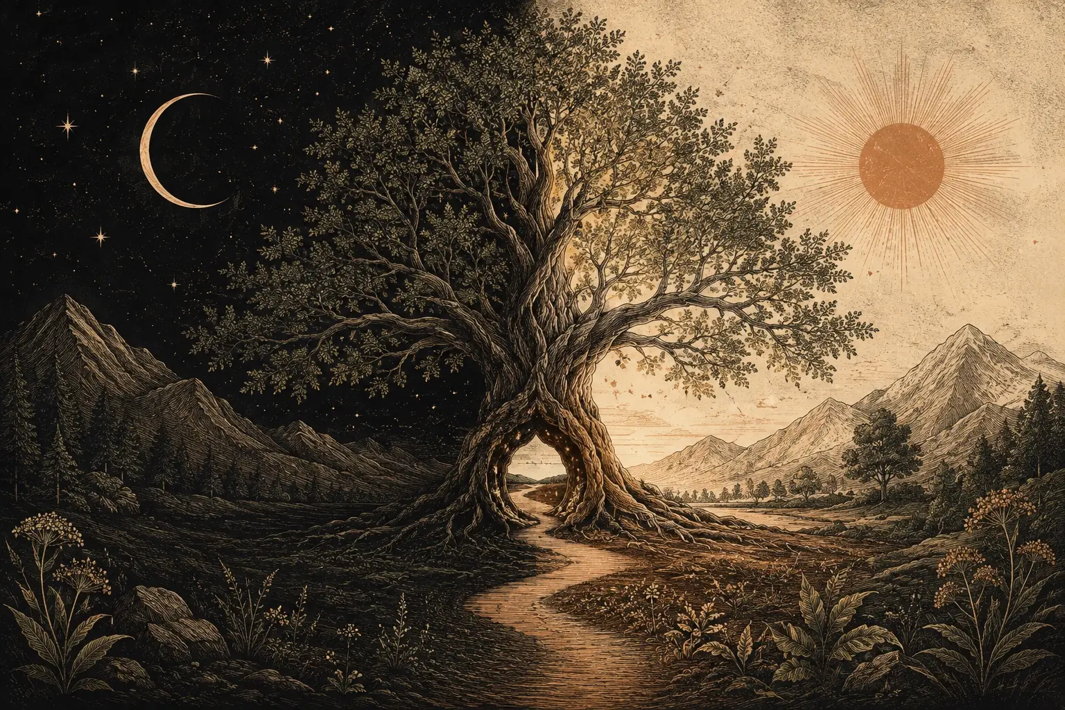 Arbre ancien séparant la nuit de l’aube et ouvrant un chemin lumineux entre ses racines