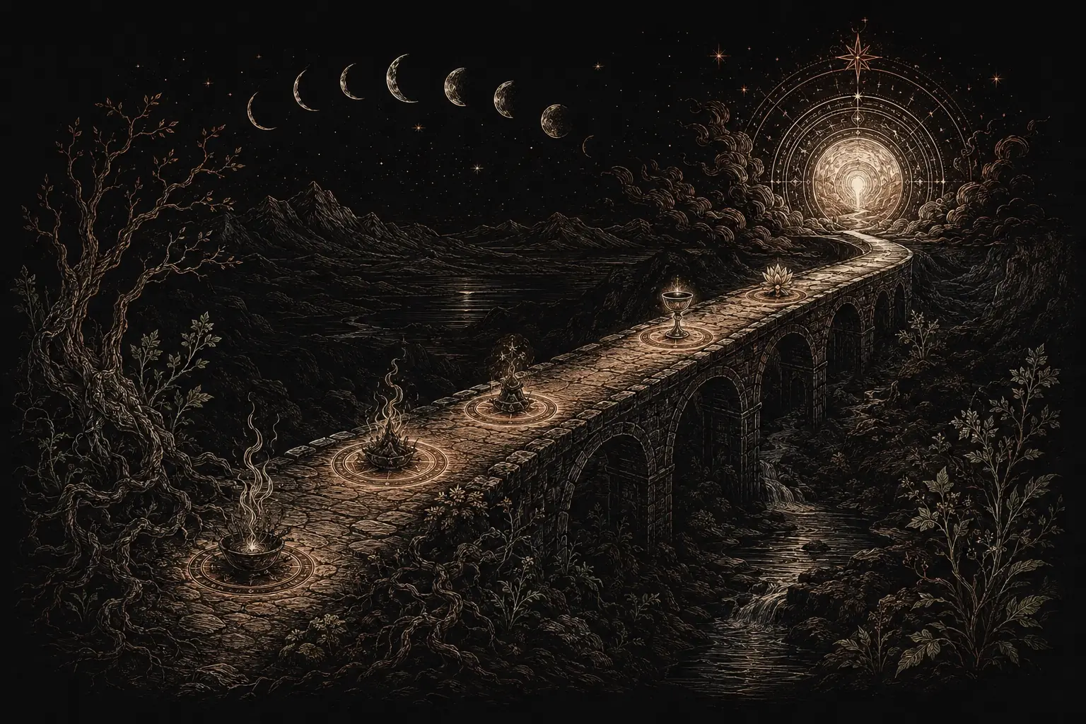 Pont initiatique traversant un paysage nocturne vers un portail lumineux, jalonné de quatre étapes rituelles