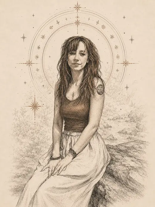 Portrait illustré d’Océane Chartrey au bord de l’eau, entourée d’un halo céleste